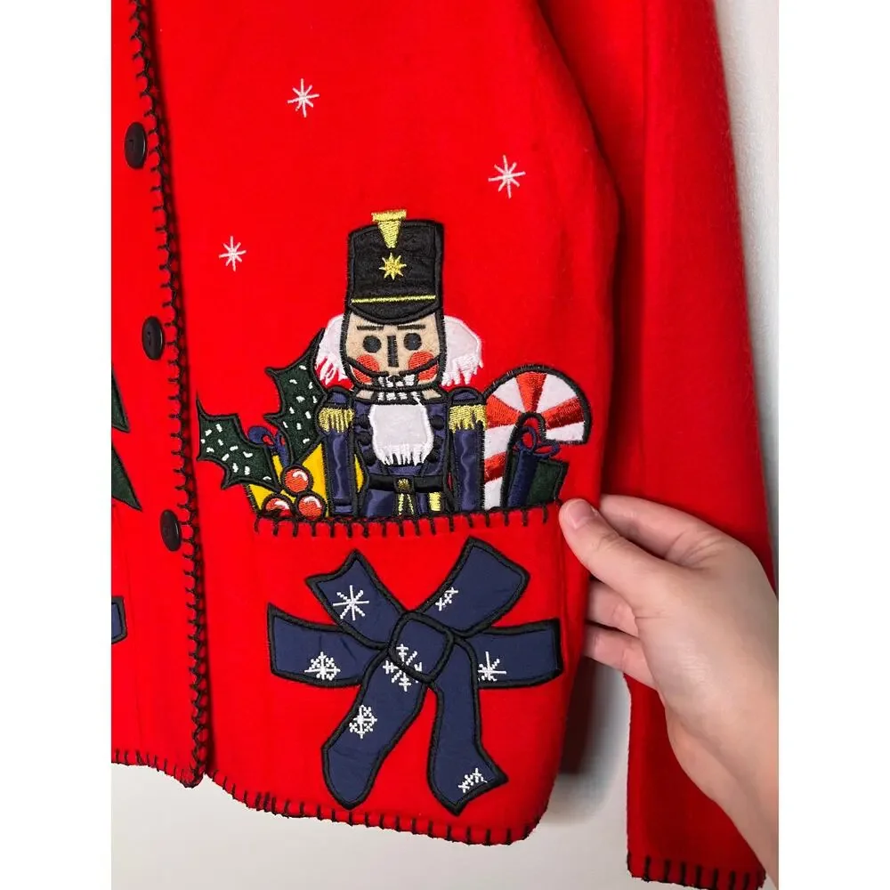 1990s Paul Harris Design Christmas Nutcracker Santa Felt Flannel Cardigan S